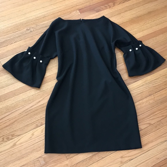 NWT Relaxed fit,  elegant little black dress + pearl embellished pleated sleeves - Picture 1 of 9